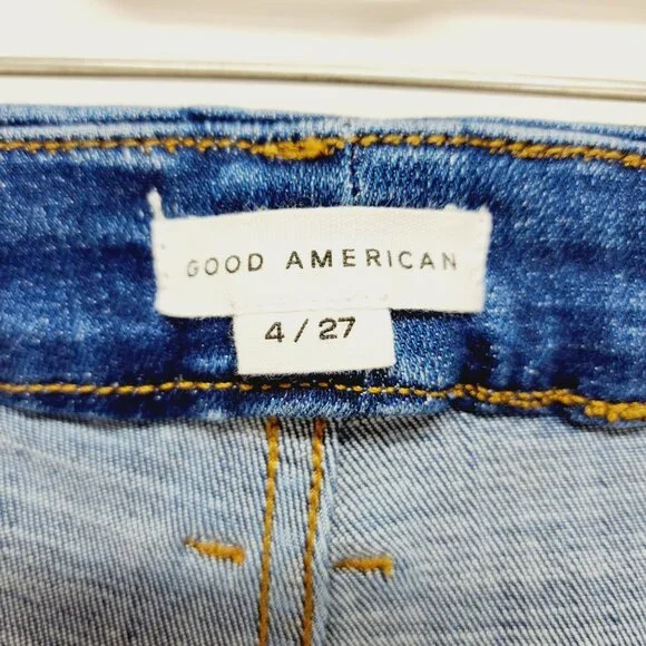 Good American Womens Distressed Skinny Jeans 4/27 Blue Denim - Picture 3 of 12